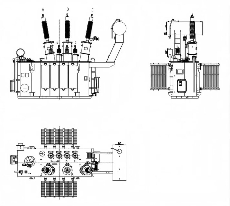 Oil-immersed power transformer with radiators and conservator